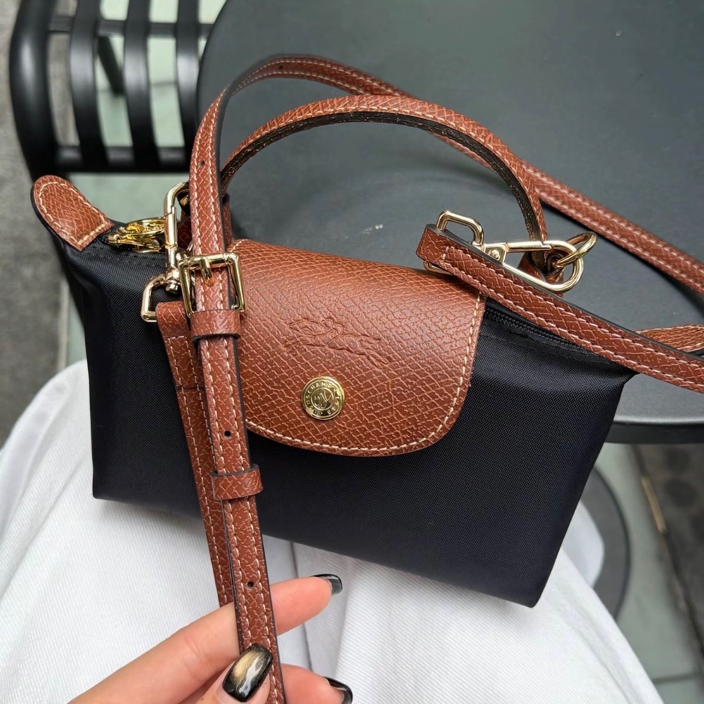 Longchamp Black Mini Crossbody with Brown Trim and Gold Accents